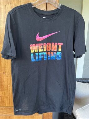 Nike Black Tee with Pink Swoosh and Rainbow 'Weight Lifting' Graphic small